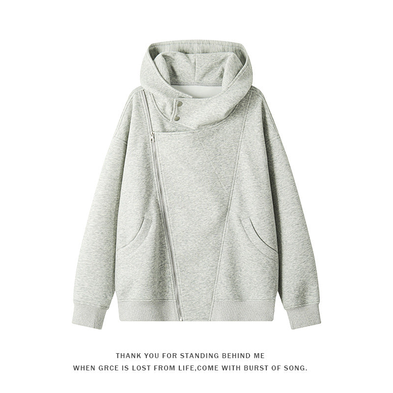 Damen nan asymmetrischer Kapuzenpullover mit hohem Kragen, diagonalem Reißverschluss und Kängurutaschen Echo Archiv