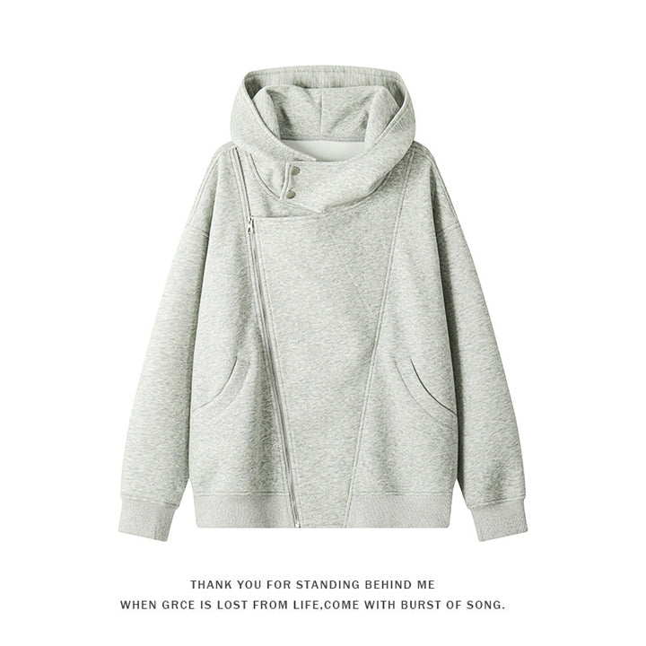 Damen nan asymmetrischer Kapuzenpullover mit hohem Kragen, diagonalem Reißverschluss und Kängurutaschen Echo Archiv