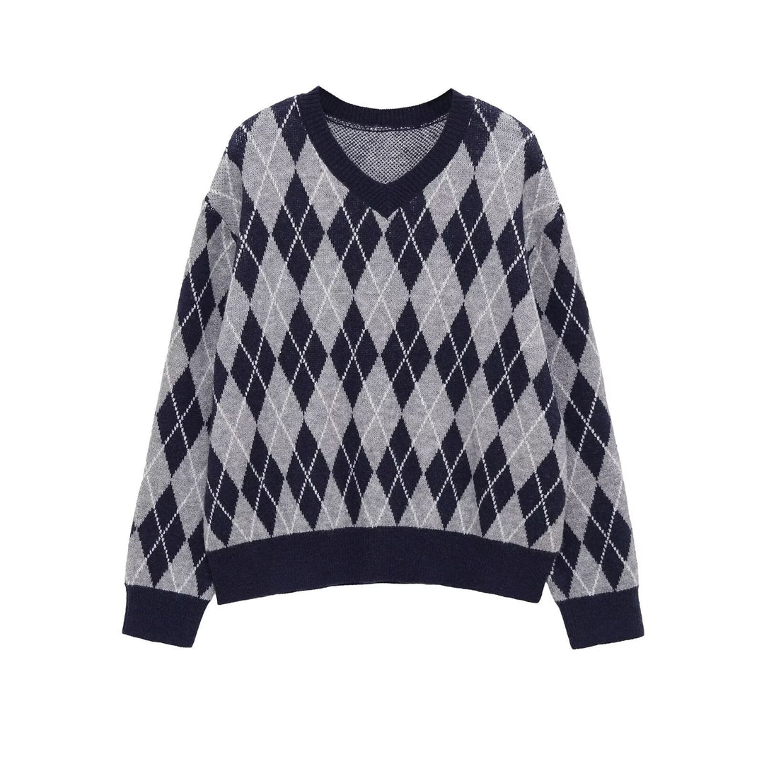Damen Argyle V-Ausschnitt Strickpullover mit Rautenmuster Echo Archiv