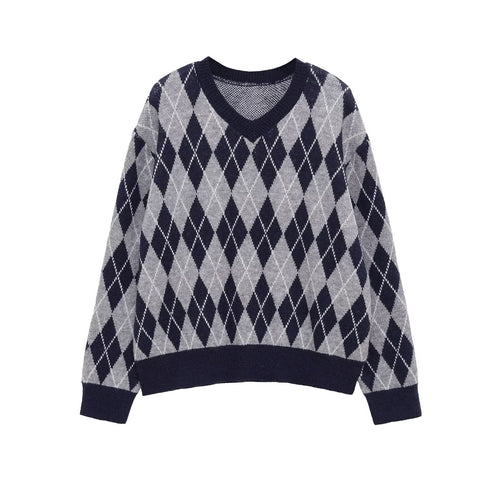 Damen Argyle V-Ausschnitt Strickpullover mit Rautenmuster Echo Archiv