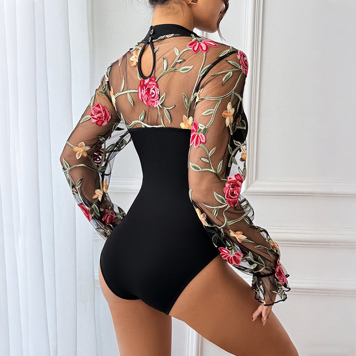 Damen Transparenter Mesh-Body mit floraler Stickerei, Herz-Bustier-Einsatz und Stehkragen – Bodéline