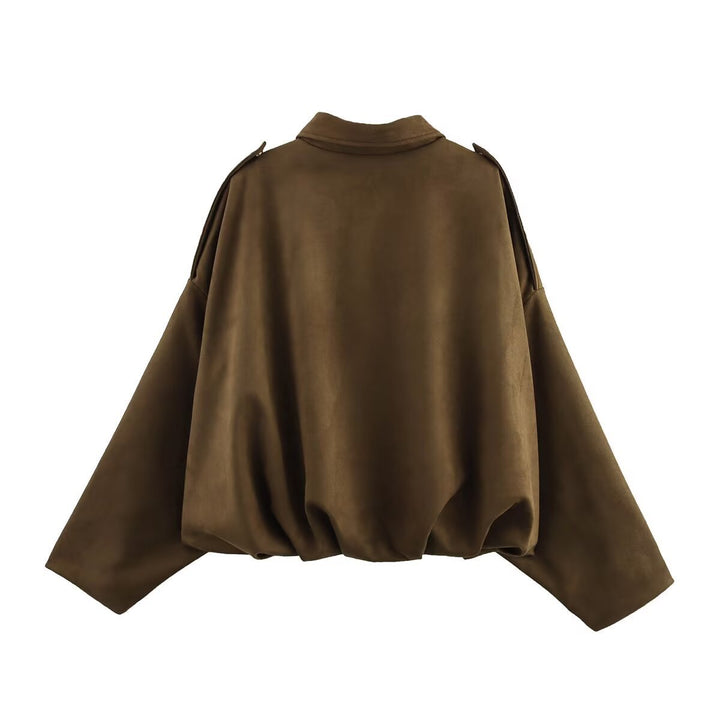 Damen Kurz geschnittene Oversize-Suèdejacke mit Schulterklappen und elastischem Saum Echo Archiv