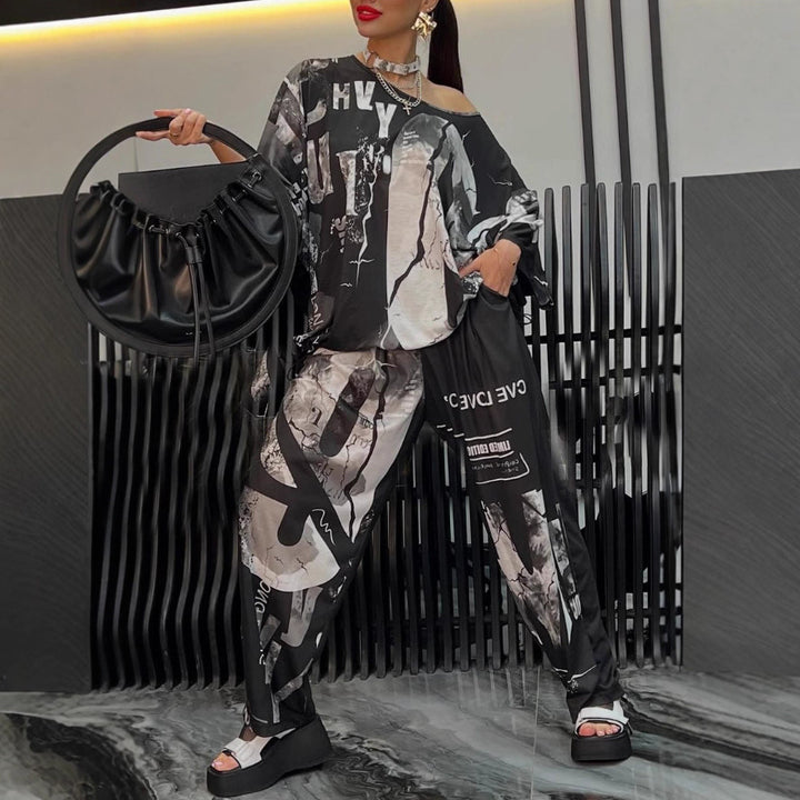 Damen nan zweiteiliges weites Satin-Freizeit-Set mit schulterfreiem Fledermaus-Top und Palazzohose Echo Archiv