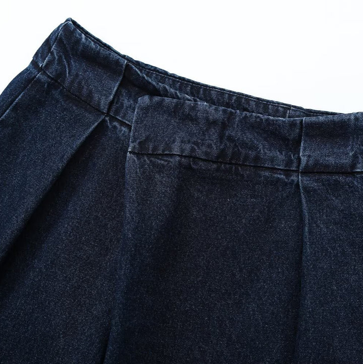 Damen Weite High-Waist Plissierte Denim-Hose mit Bügelfalte Echoarchiv