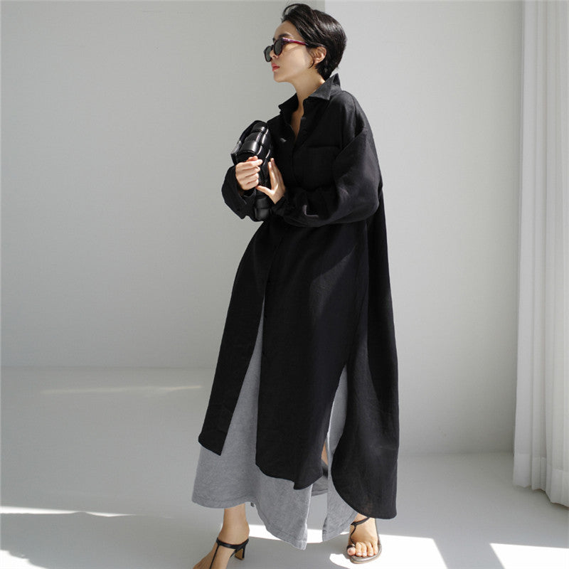 Damen Langes Leichtes Hemdblusen-Midaxi-Kleid mit Kentkragen und hohen Seitenschlitzen – Élara