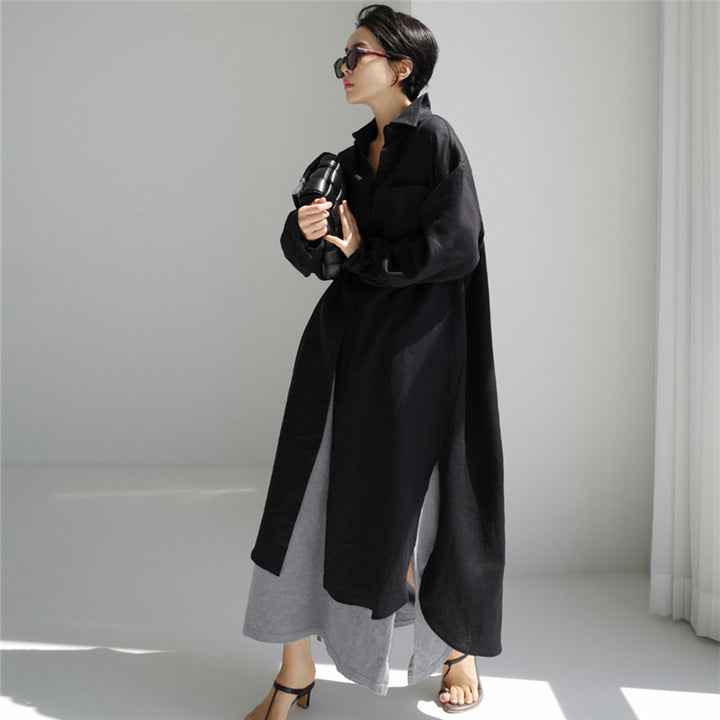 Damen Langes Leichtes Hemdblusen-Midaxi-Kleid mit Kentkragen und hohen Seitenschlitzen – Élara