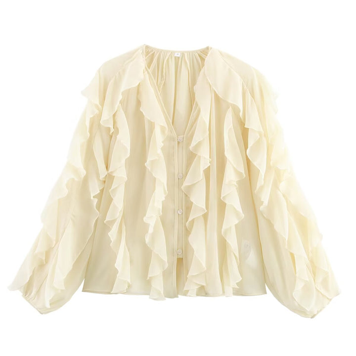 Damen transparente Chiffonbluse mit mehrlagigen Volants, weiten Ballonärmeln und durchgehender Knopfleiste – Élovi