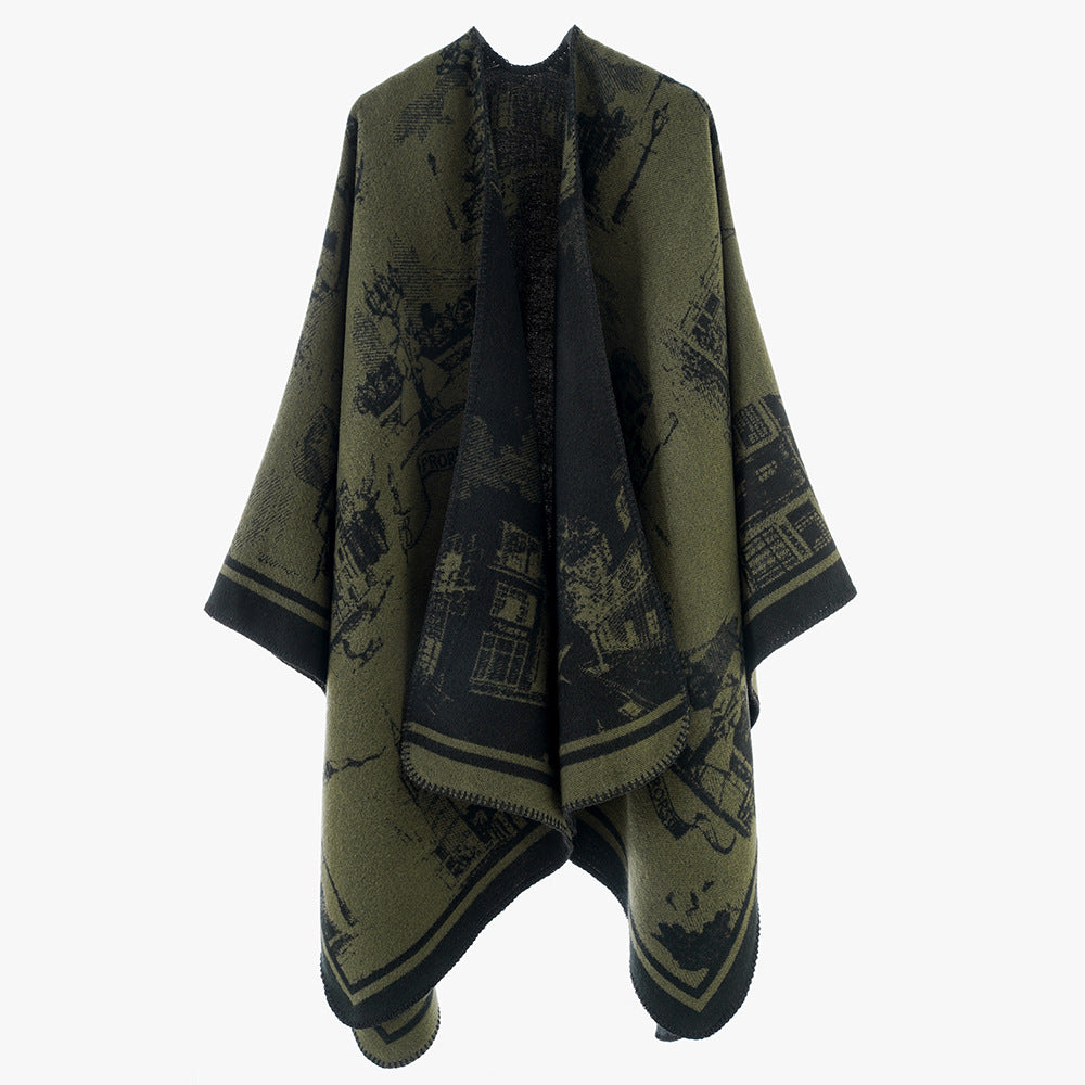Damen Jacquard‑Capeponcho mit ikonischem Städte‑Jacquard und offenem Oversize‑Fall Echo Archiv