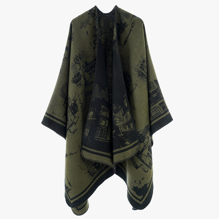 Damen Jacquard‑Capeponcho mit ikonischem Städte‑Jacquard und offenem Oversize‑Fall Echo Archiv