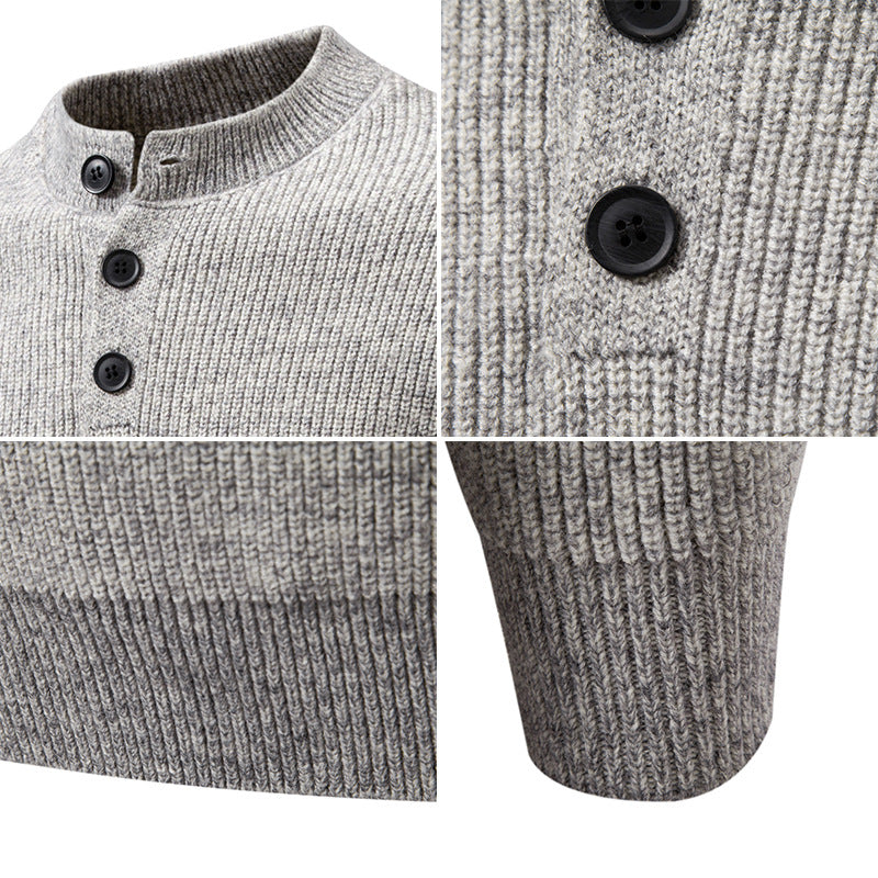 Herren Feinstrick-Henleypullover mit kurzem Stehkragen, Knopfleiste und Rippbündchen Echo Archiv