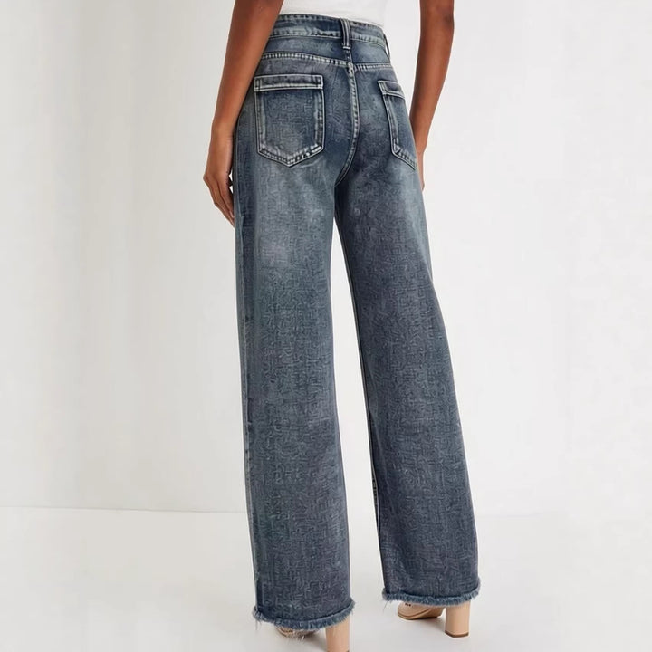 Damen weite Denim-Jeans mit kreativem Muster und fransigem Saum Echo Archiv