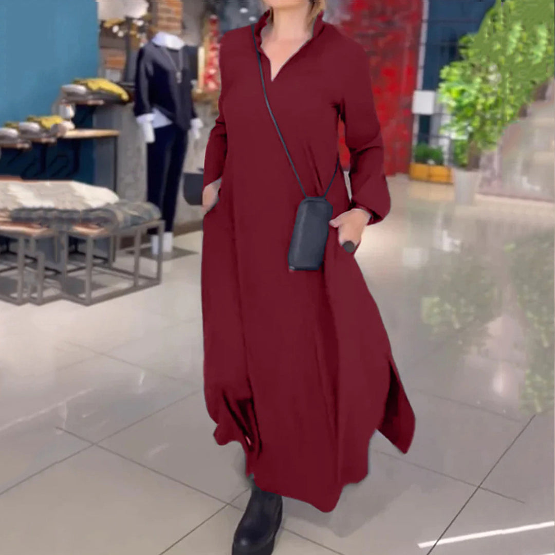 Damen nan fließendes Maxikleid mit V-Ausschnitt, kastiger A-Linie und langen Ärmeln Echo Archiv