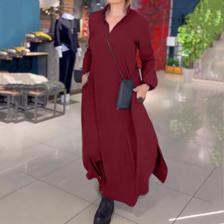 Damen nan fließendes Maxikleid mit V-Ausschnitt, kastiger A-Linie und langen Ärmeln Echo Archiv