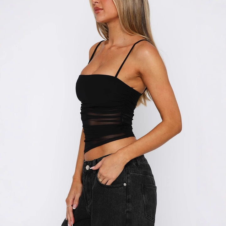 Damen leichtes Rüschenshirt mit Spaghettiträgern und transparenten Einsätzen Echo Archiv