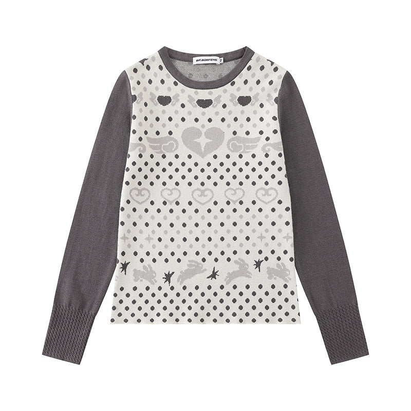 Damen Feinstrick-Pullover mit Jacquard-Motiv, Rundhalsausschnitt und Kontrastärmeln Echoarchiv