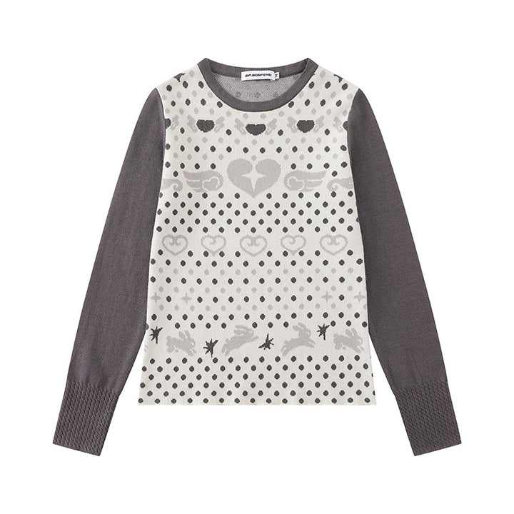 Damen Feinstrick-Pullover mit Jacquard-Motiv, Rundhalsausschnitt und Kontrastärmeln Echoarchiv