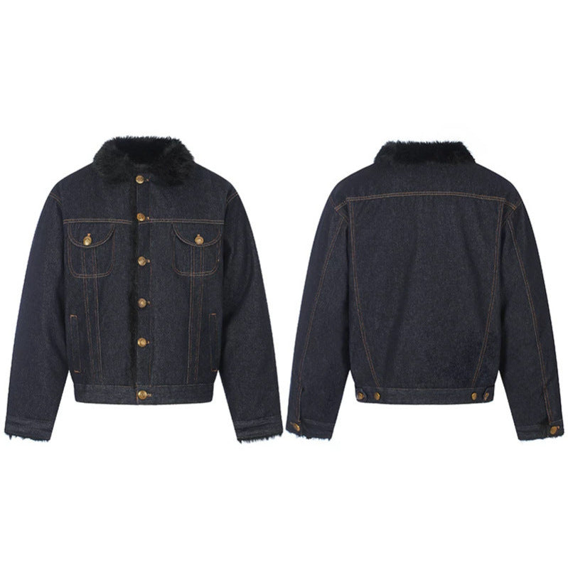 Damen gefütterte Jeansjacke mit Kunstfellkragen, Teddy‑Innenfutter und Goldknopf-Details Echoarchiv