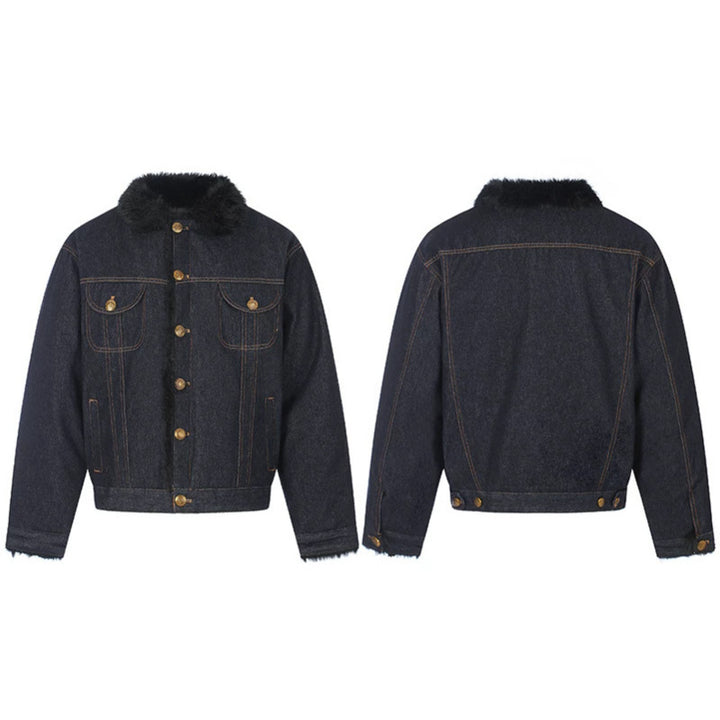 Damen gefütterte Jeansjacke mit Kunstfellkragen, Teddy‑Innenfutter und Goldknopf-Details Echoarchiv
