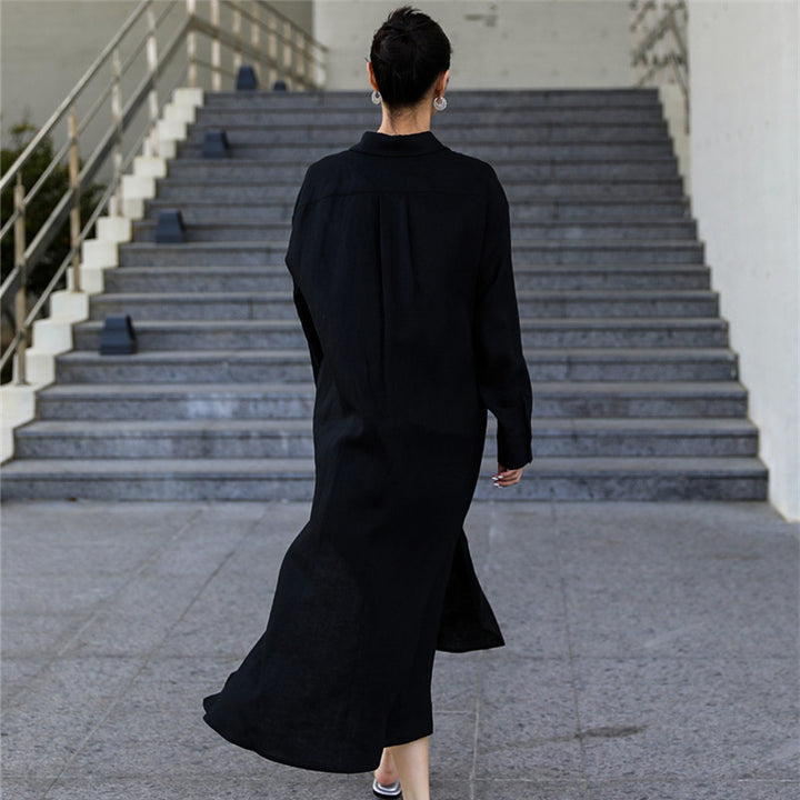 Damen Langes Leinen‑Hemdkleid mit kastiger Oversize‑Silhouette und Seitenschlitzen Echoarchiv