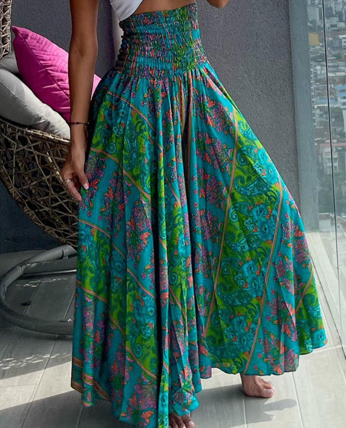 Damen Maxirock mit hohem Smockbund und weitem Boho-Print – Rosévia