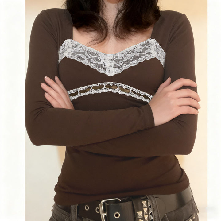 Damen Figurbetontes Langarmshirt mit integriertem Spitzen‑Bustierdetail Echo Archiv