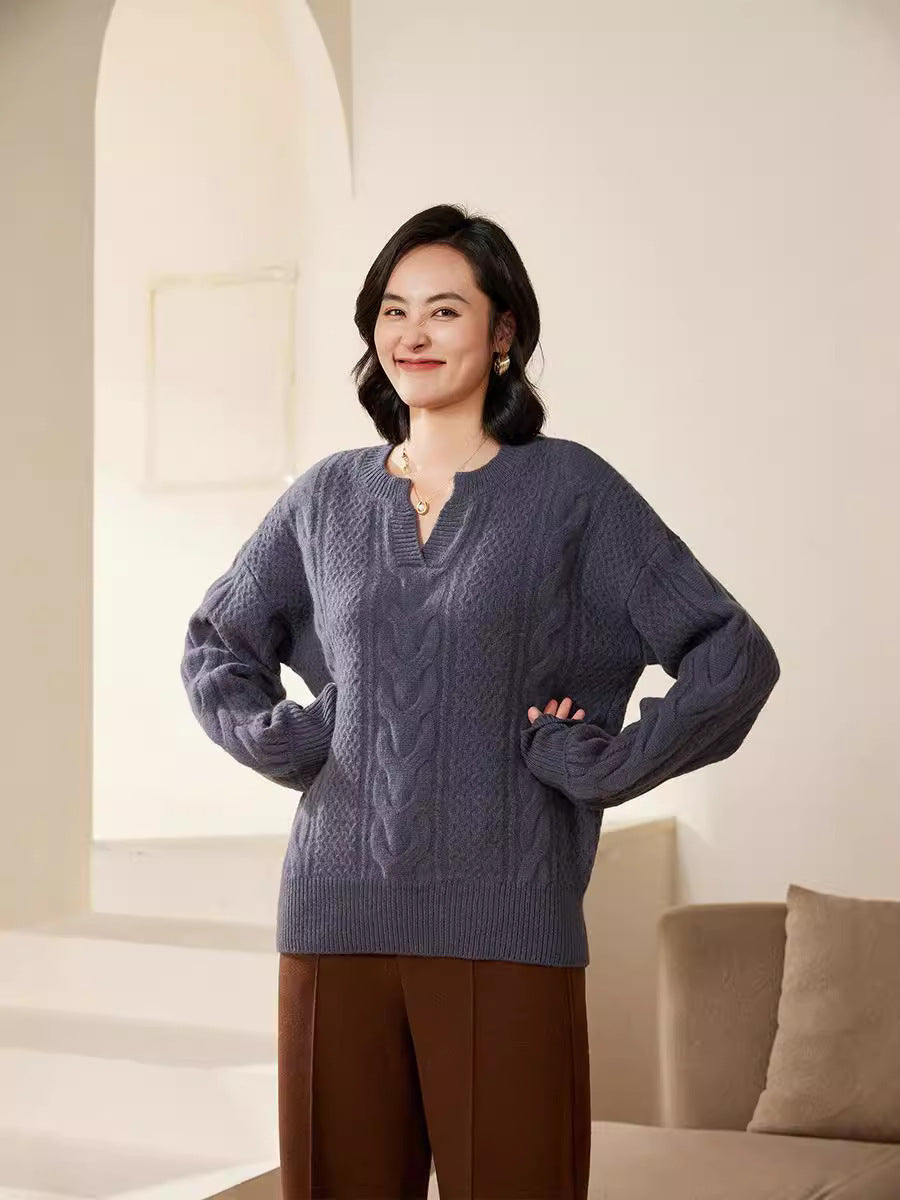Damen Oversize Zopfstrick-Pullover mit V‑Einsatz und kaschmirähnlicher Weichheit Echoarchiv