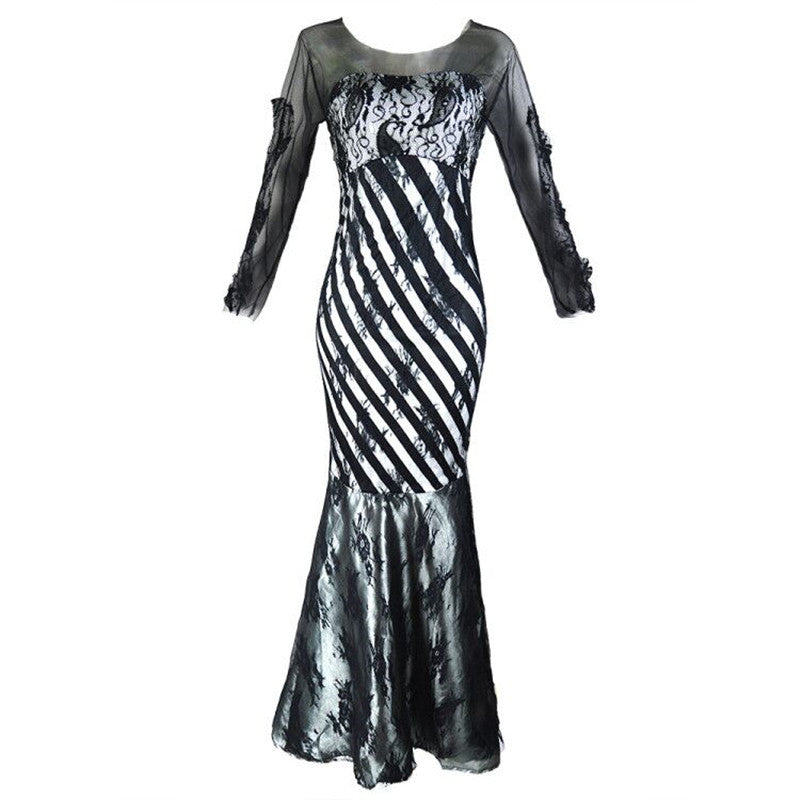 Damen Abendkleid Meerjungfrau‑Schnitt mit transparenten Ärmeln und Spitzenbesatz – Élara