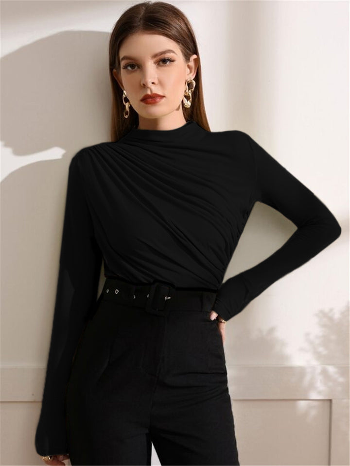 Damen Figurbetontes Langarmshirt mit seitlichem Drapieren und Stehkragen – Avérine
