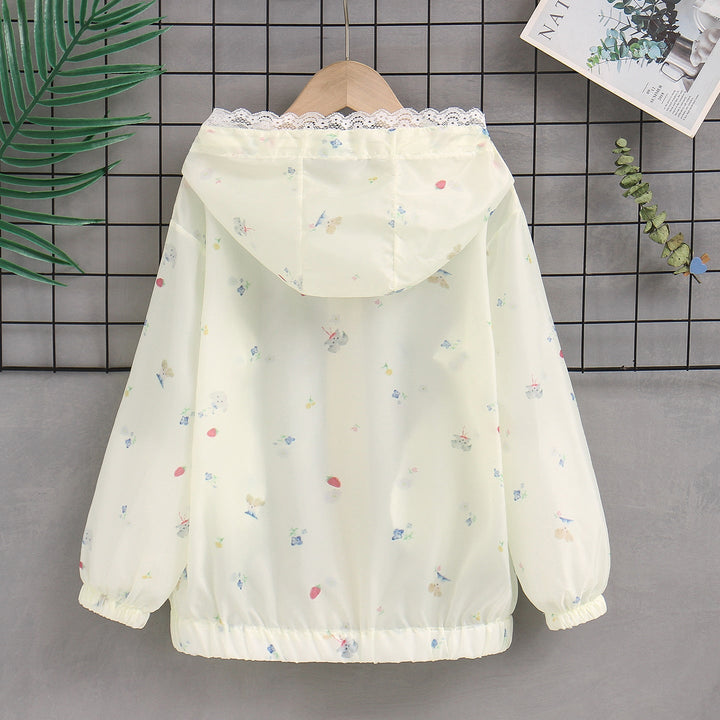 Damen nan leichte Kapuzen-Sommerjacke mit Spitzenbesatz, zartem Allover-Print und Reißverschluss Echo Archiv