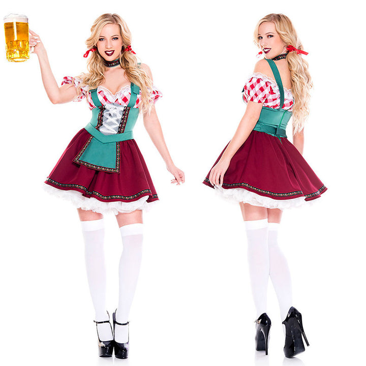 Damen nan Oktoberfest-Kostüm im Trachtenstil mit geschnürter Miederfront, Puffärmeln und ausgestelltem Schürzenrock Echo Archiv