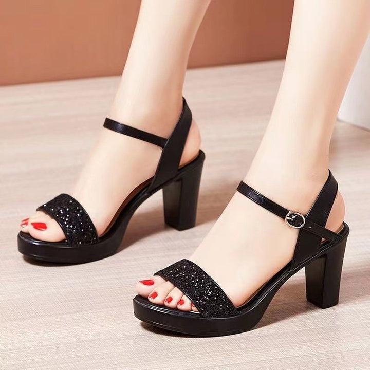 Damen nan Glitzer-Zehenschlaufen-Sandalette mit Plateaueffekt und stabilem Blockabsatz Echo Archiv