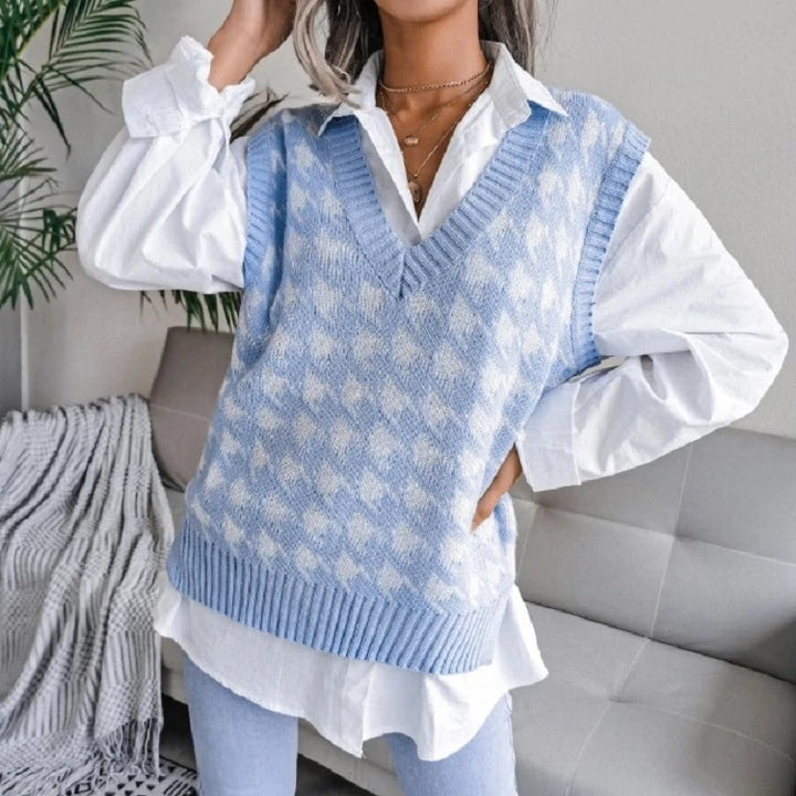 Damen Oversize Strickweste mit Hahnentritt-Muster und V-Ausschnitt Echo Archiv