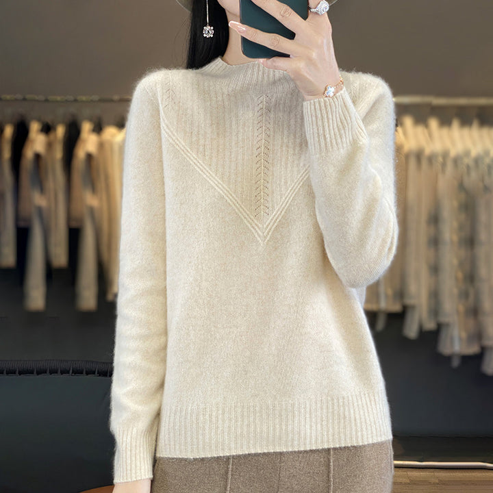 Damen Lockerer Mohair‑Blend Pullover mit strukturierter V‑Paneel und Stehkragen Echoarchiv