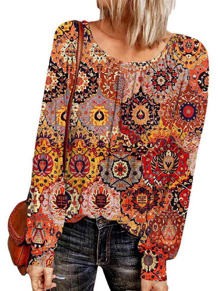 Damen Ethno-Print Oversize-Tunika mit Rundhalsausschnitt und langen Ballonärmeln – Avérine