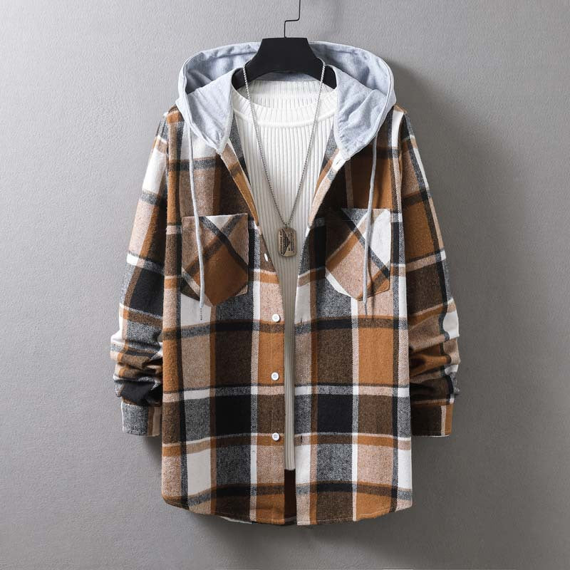 Herren lässige Flanell-Hemdjacke mit Kapuze und grafischem Karomuster Echoarchiv