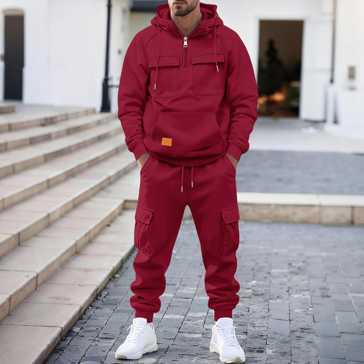 Herren technischer Oversize-Hoodie mit Halbzip, Kapuze, Kängurutasche und aufgesetzten Utility-Taschen – Cavarno