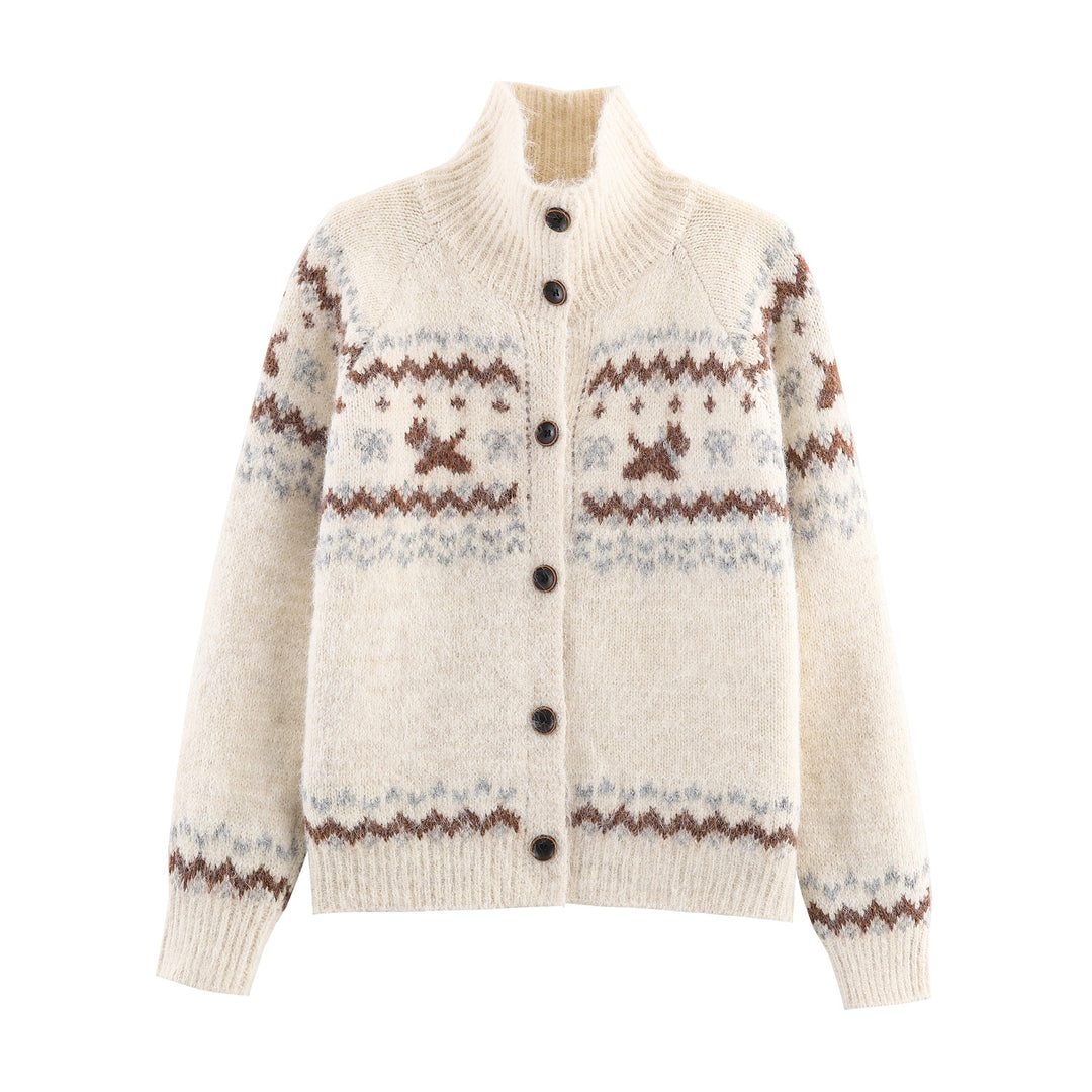 Damen Strick-Cardigan mit Norwegermuster und hohem Rollkragen Echoarchiv