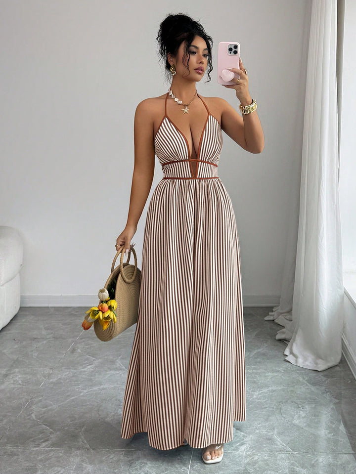Damen Gestreiftes Neckholder-Maxikleid mit tiefem V-Ausschnitt und Taillen-Cut-Out – Valéora