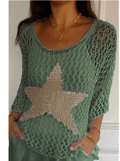 Damen nan oversized gehäkelter Pullover mit Sternapplikation und 3/4-Ärmeln Echo Archiv