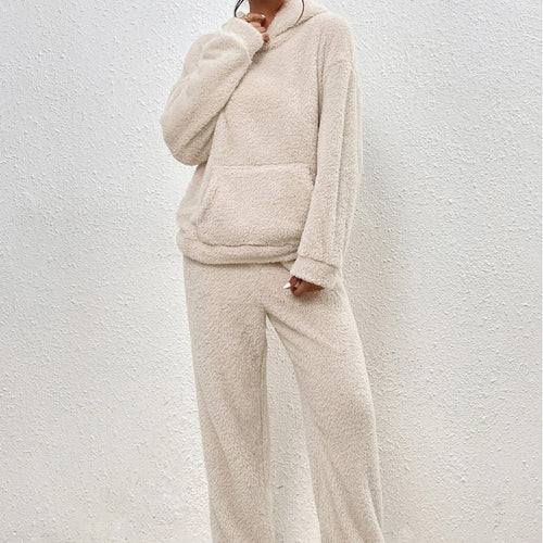 Damen nan kuscheliges Teddy-Fleece Hausanzug-Set mit Kapuze, Kängurutasche und elastischer Jogginghose Echo Archiv