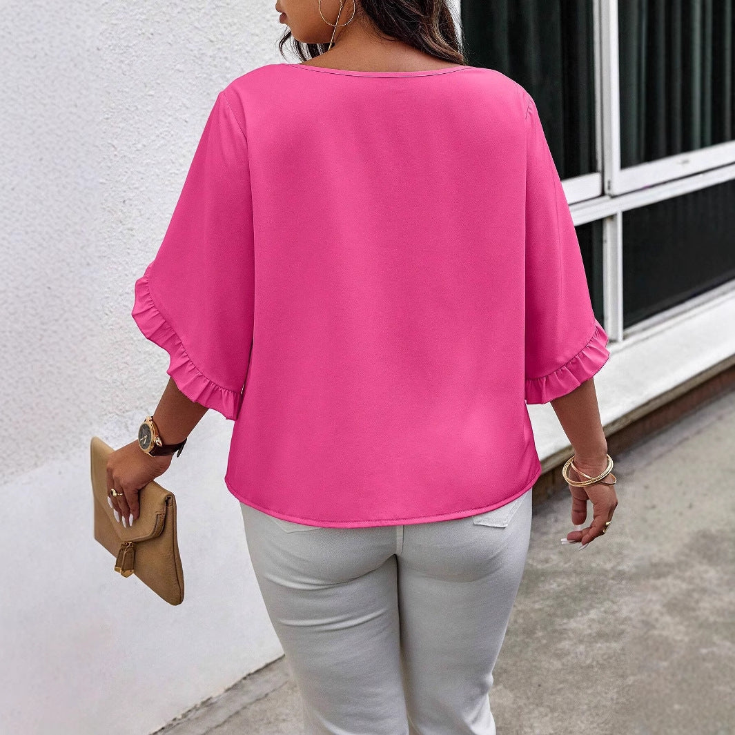 Damen V‑Ausschnitt Bluse mit Volantärmeln und lockerem Satinfall Echo Archiv