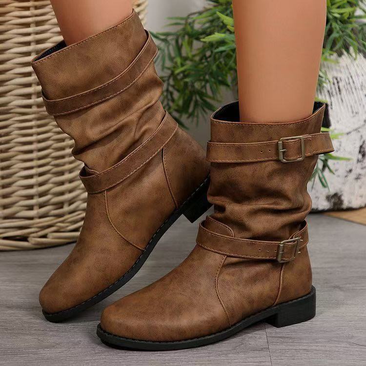 Damen Lässige Slouch-Stiefel mit verstellbaren Zierschnallen, flacher Profilsohle und weichem Kunstleder Echo Archiv