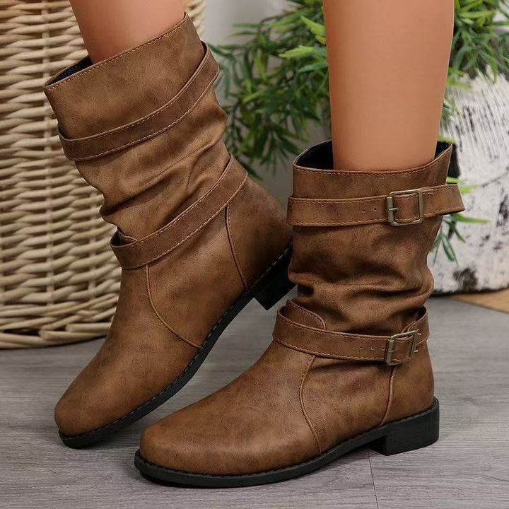 Damen Lässige Slouch-Stiefel mit verstellbaren Zierschnallen, flacher Profilsohle und weichem Kunstleder Echo Archiv