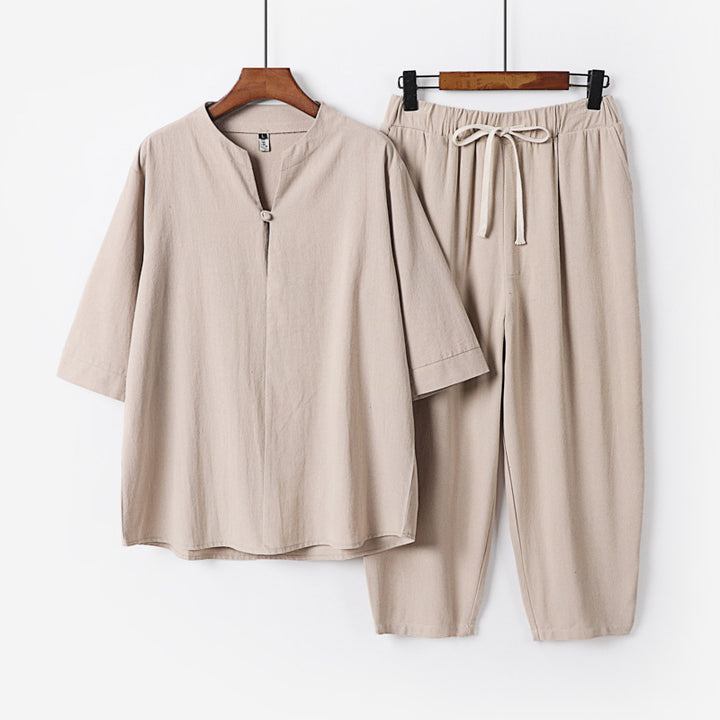 Damen Leichtes Leinen-Baumwoll-Loungewear-Set mit Stehkragen, Dreiviertelärmeln und Gummizugbundhose Echoarchiv