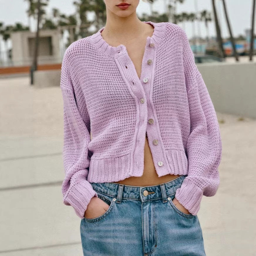 Damen Lockere Cropped-Strickjacke mit Knopfleiste und offener Struktur – Veloura