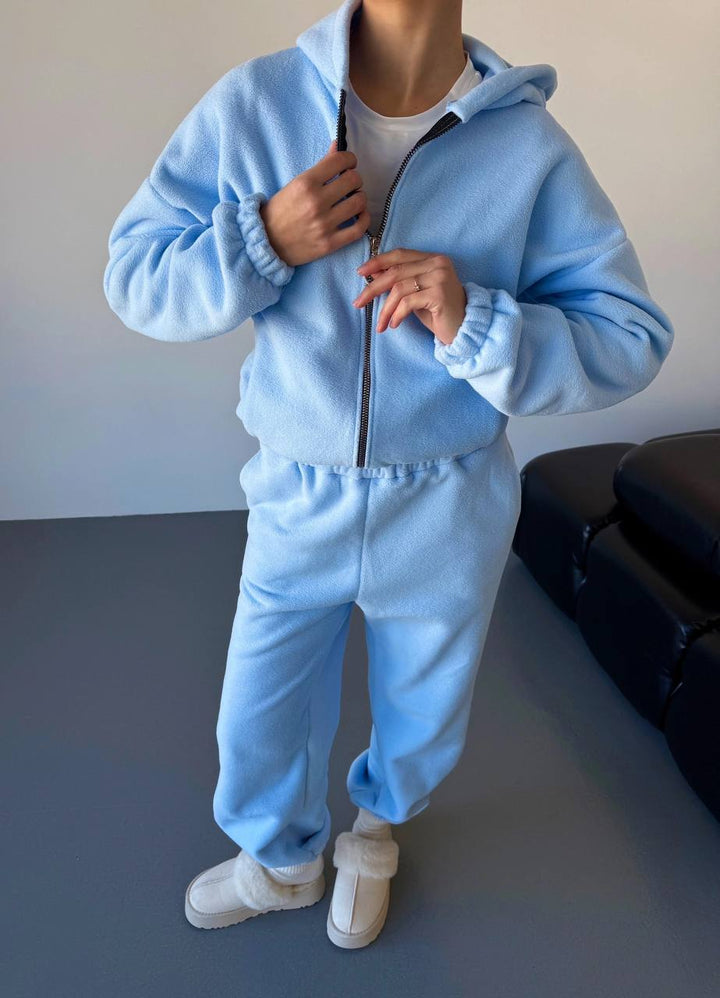 Damen kuscheliges Fleece-Hoodie und Jogginghose Lounge-Set mit Reißverschluss Kapuze elastischem Bund – Auréline