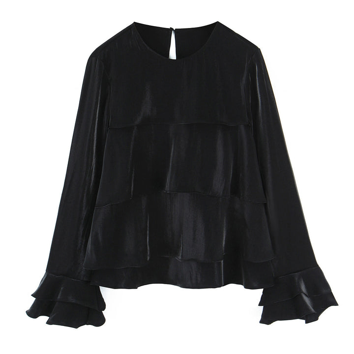 Damen Volantbluse aus Satin mit Stufenrüschen und Glockenärmeln Echoarchiv