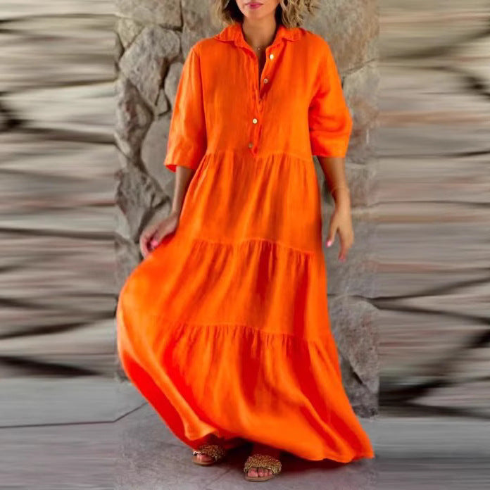 Damen nan langes Hemdblusenkleid mit geraffter Taillennaht, dreiviertelärmeln und stufigem Volantrock Echo Archiv