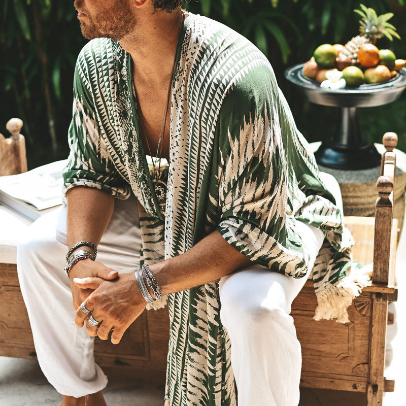 Herren nan leichter Strandponcho im Kimono-Stil mit Fransen Echo Archiv