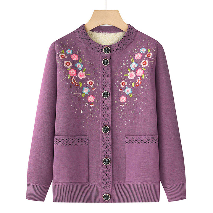 Damen bestickte Strickjacke mit Rundhals, aufgesetzten Taschen und dekorativer Knopfleiste – Veloura